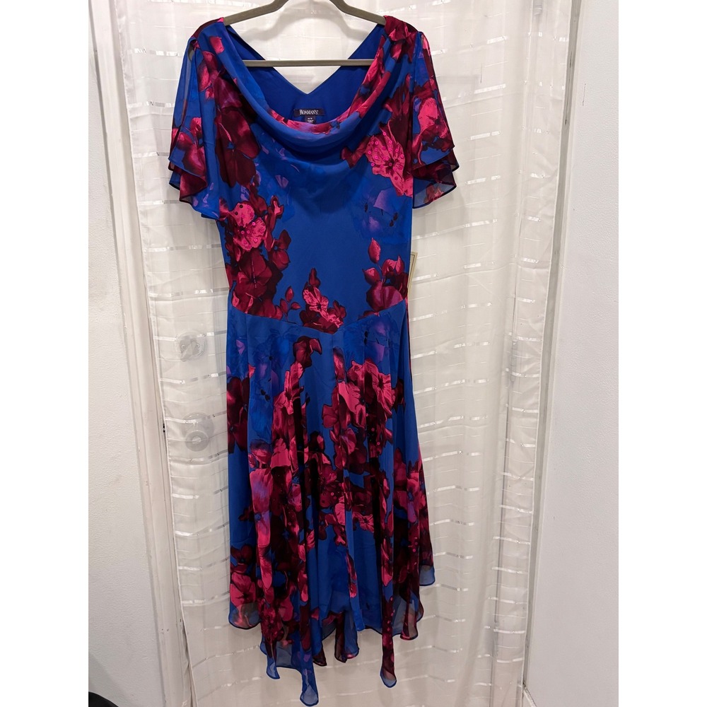 Roamans Blue Pink Floral Sequin Cowl Neck Handkerchief Hem Dress 18W NWT